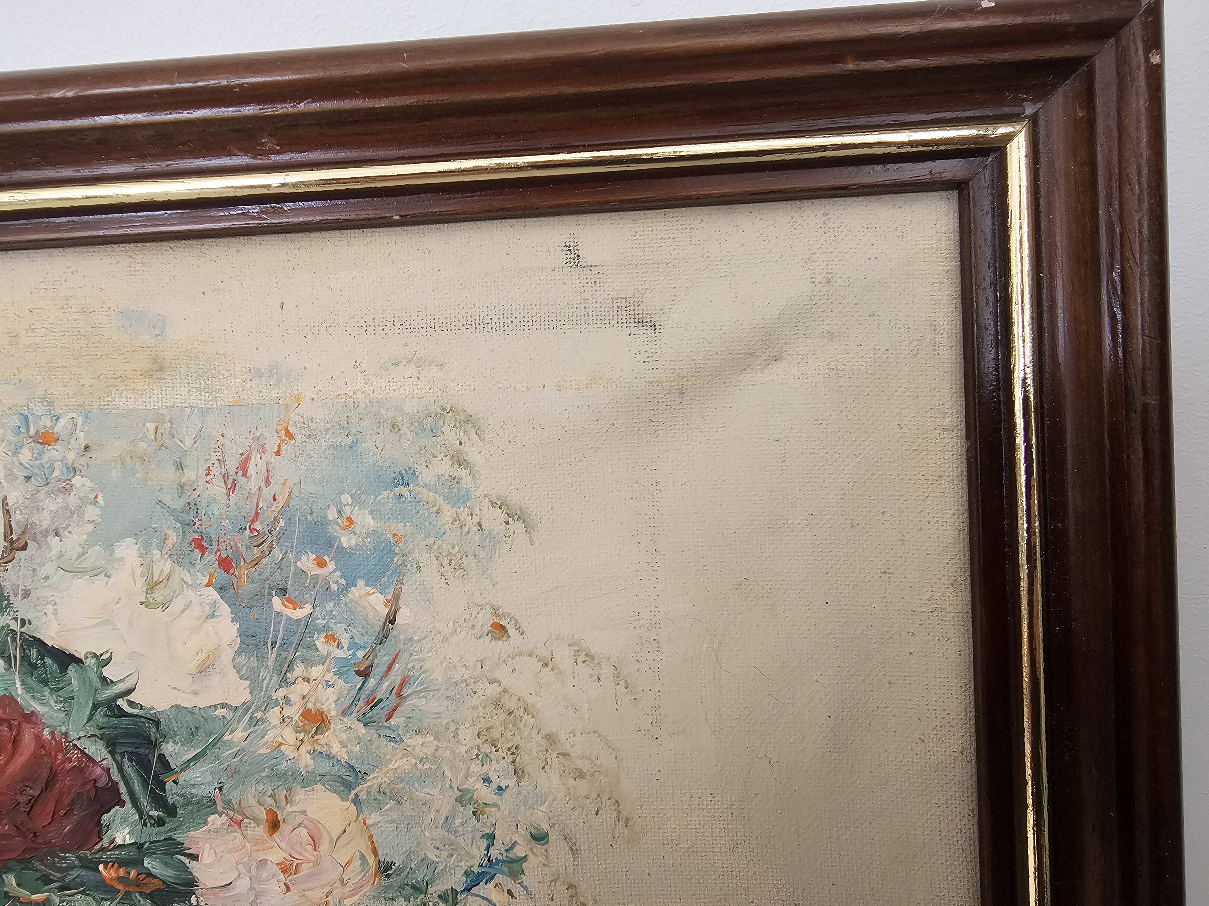 Oil painting on canvas, Bouquets of roses and tulips, signed Hire