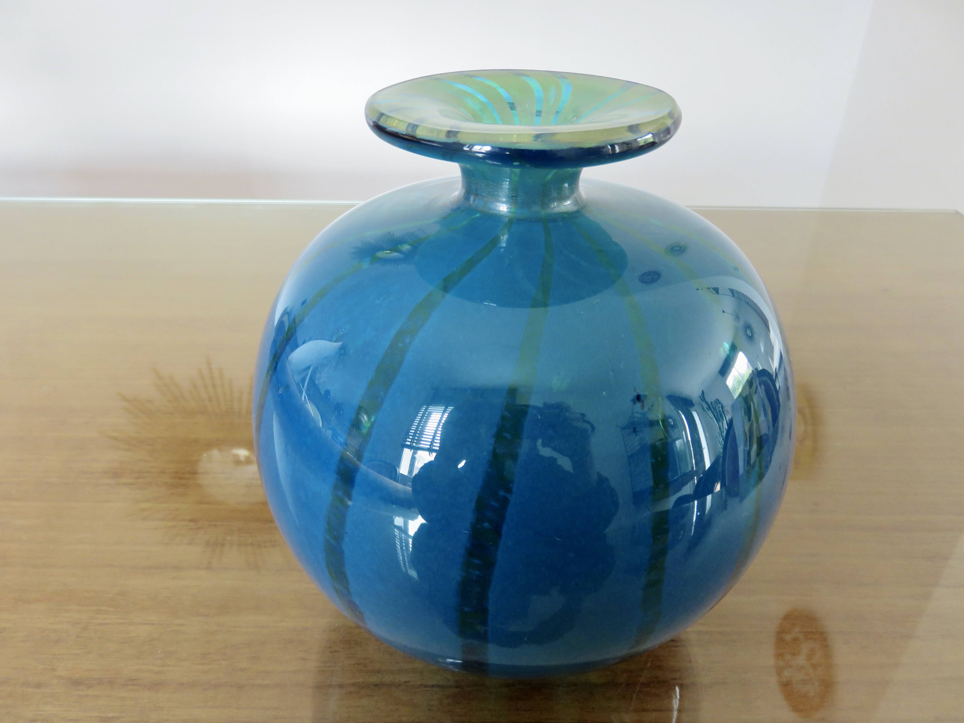 Ball vase, Mdina, Malta, signed, in blue blown glass, year 1983