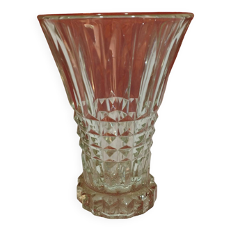 ancien vase en verre évasé art déco - décor pointe de diamant    hauteur 20cm
