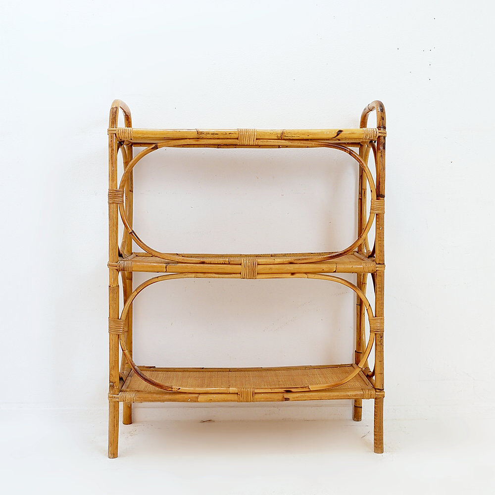 Vintage three-tier rattan shelf in bohemian style - 1960s