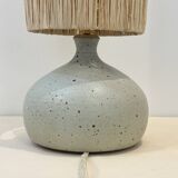 Vintage lamp base in beige-grey ceramic stoneware with raffia lampshade, 1970s