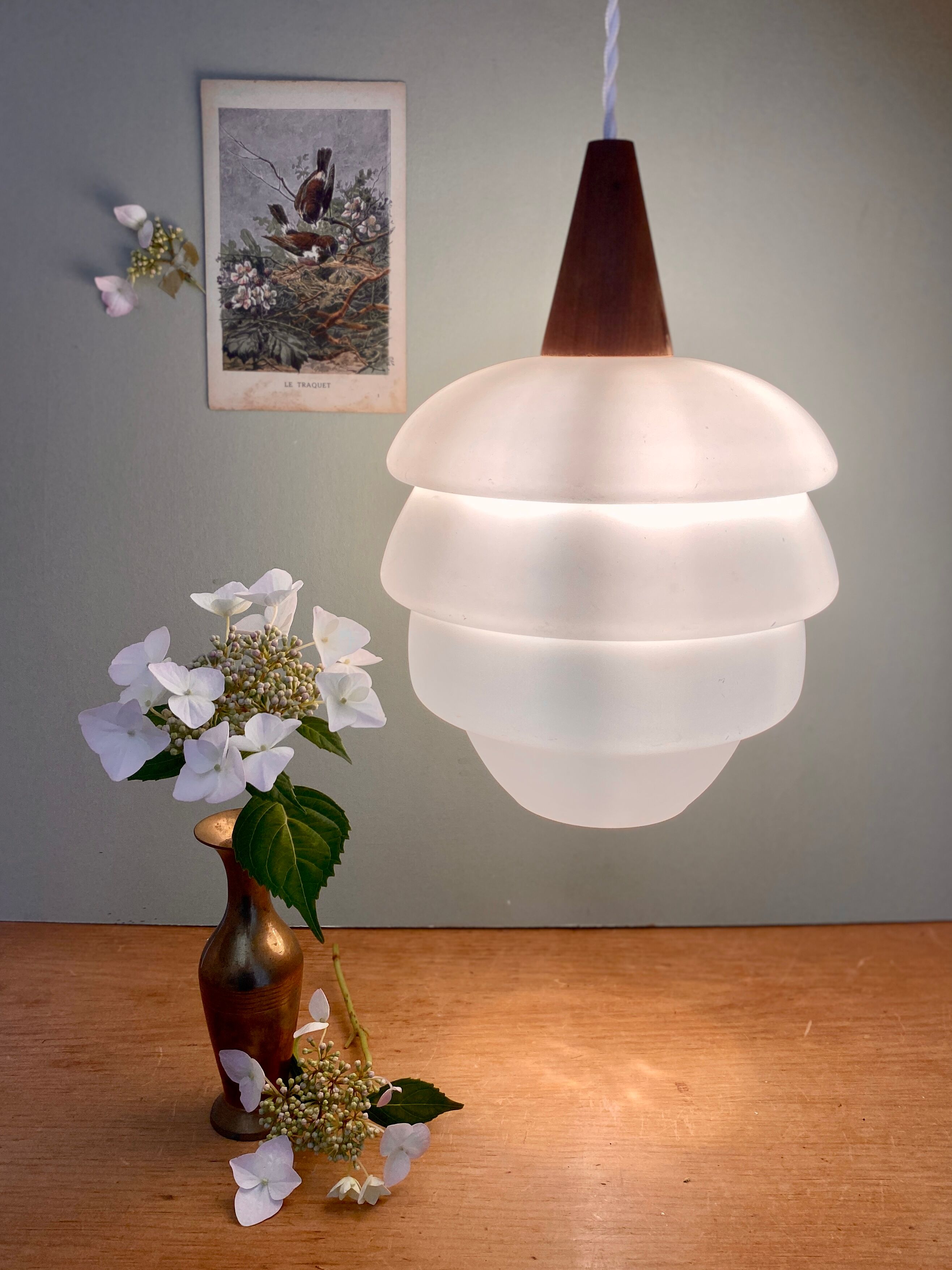 Vintage Scandinavian pendant lamp in teak and opaline