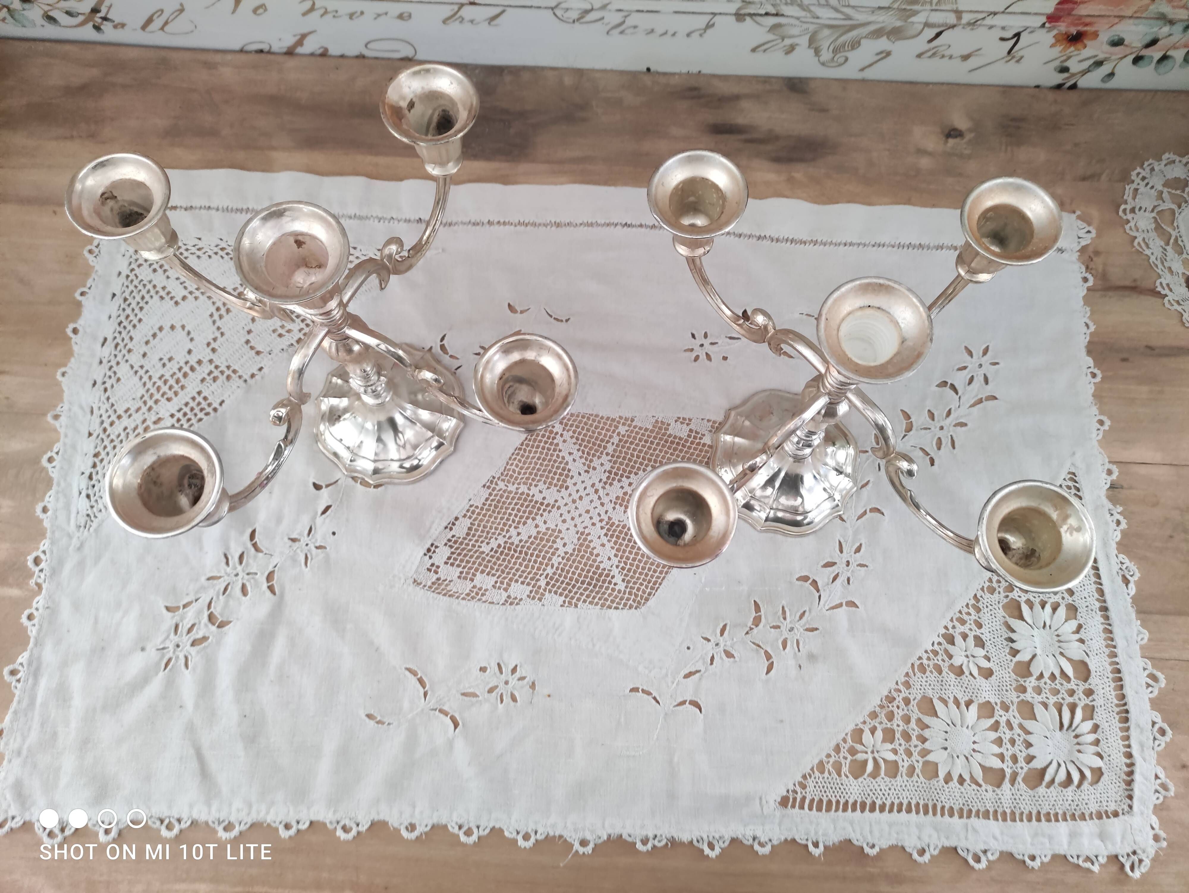Set of 2 5-branched candlesticks in silver metal Versilbert 1950s