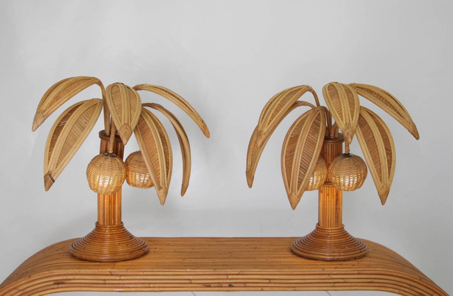 Paire de lampes «palmier» en rotin