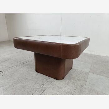 Vintage coffee table in marble and leather attribué à Desede, 1970s