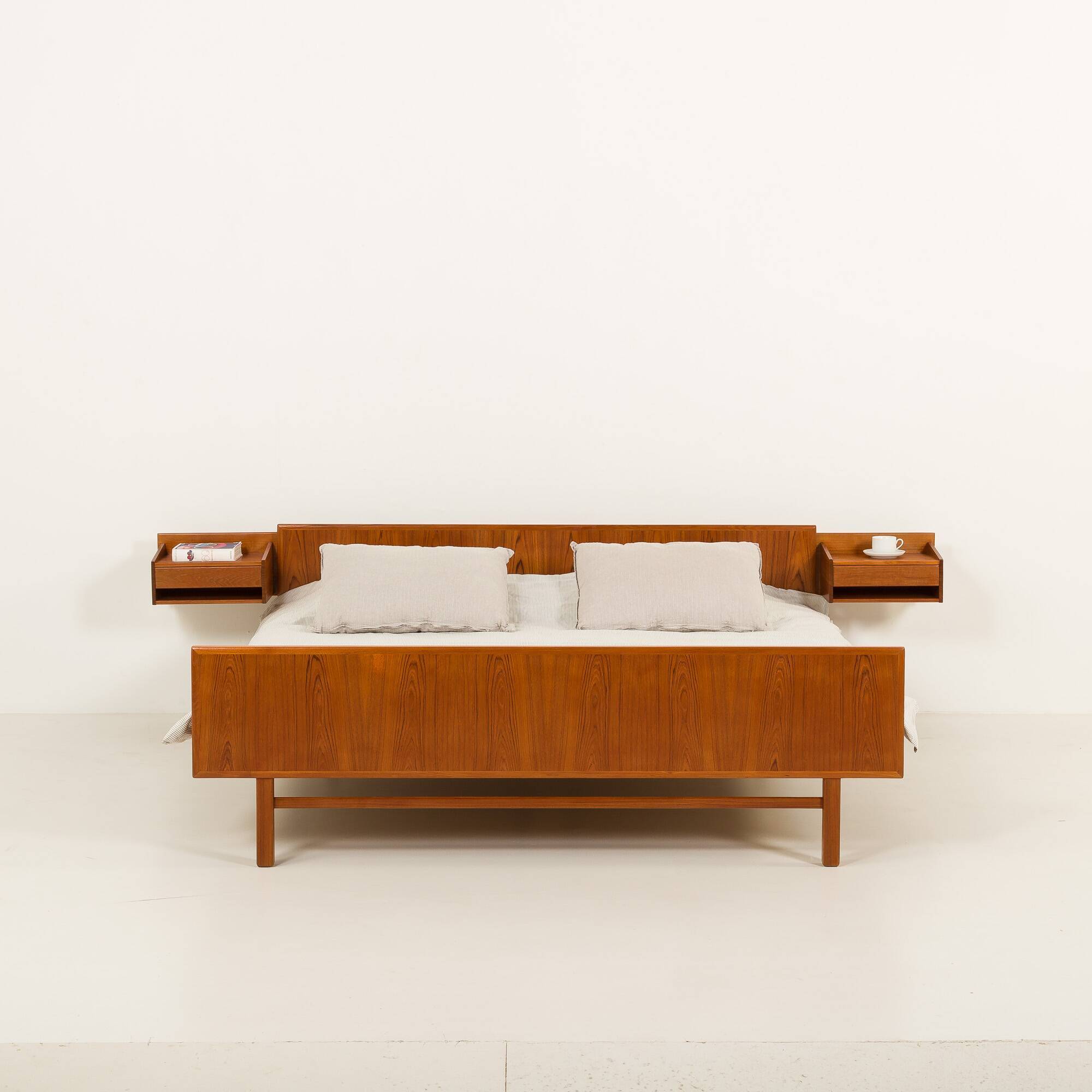 Danish mid century teak queen size bed with nightstands, 1960s