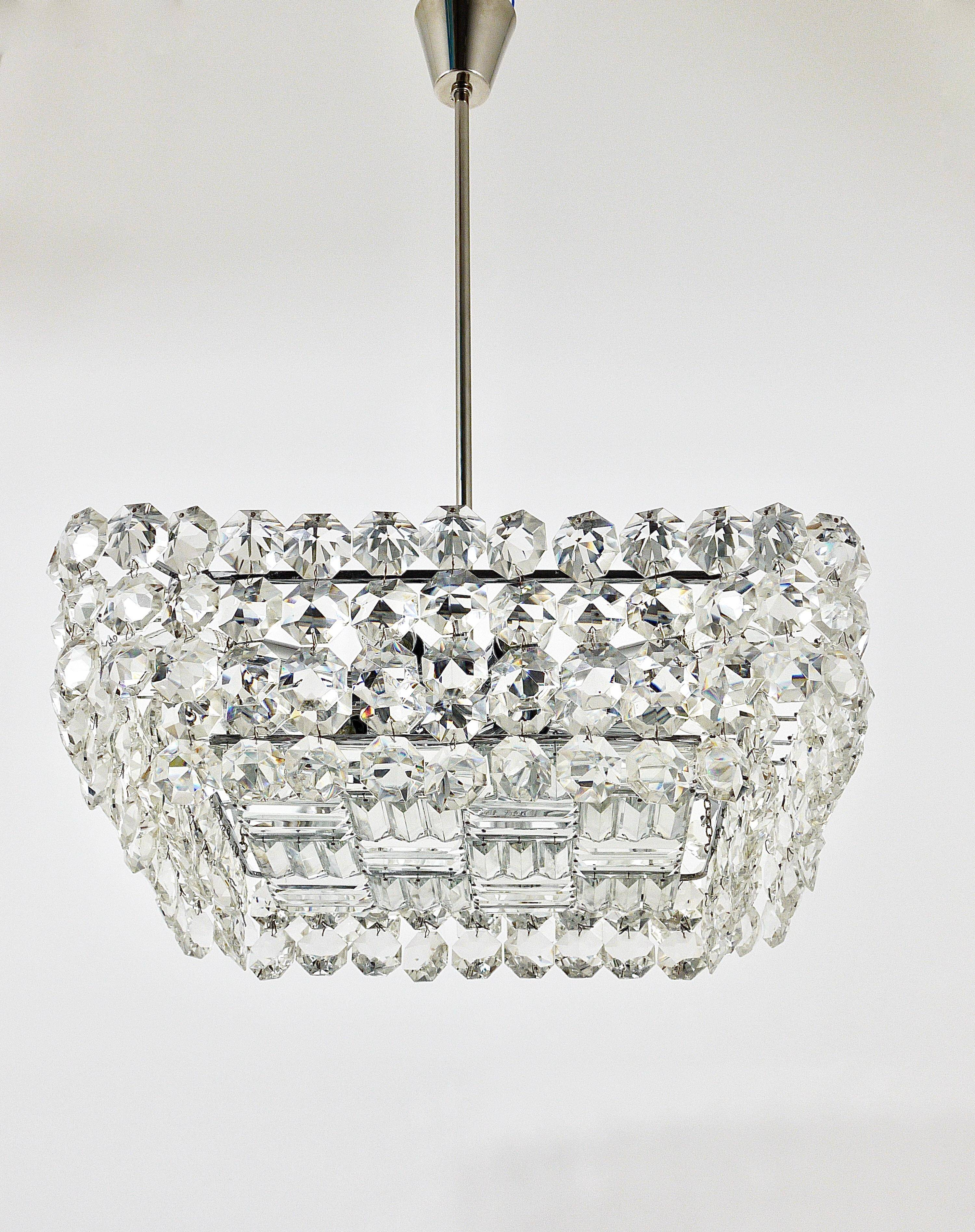 Large square chandelier by Bakalowits with diamond-shaped crystals, Austria, 1950s.