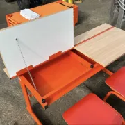 Vintage orange double school desk with its 2 matching chairs.