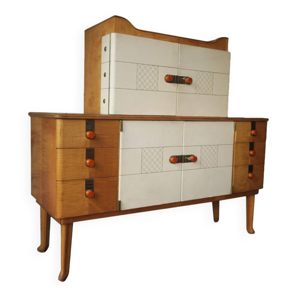 Buffet Art déco en érable, cuir et verre, Laszlo Hoenig, Londres, années 1940