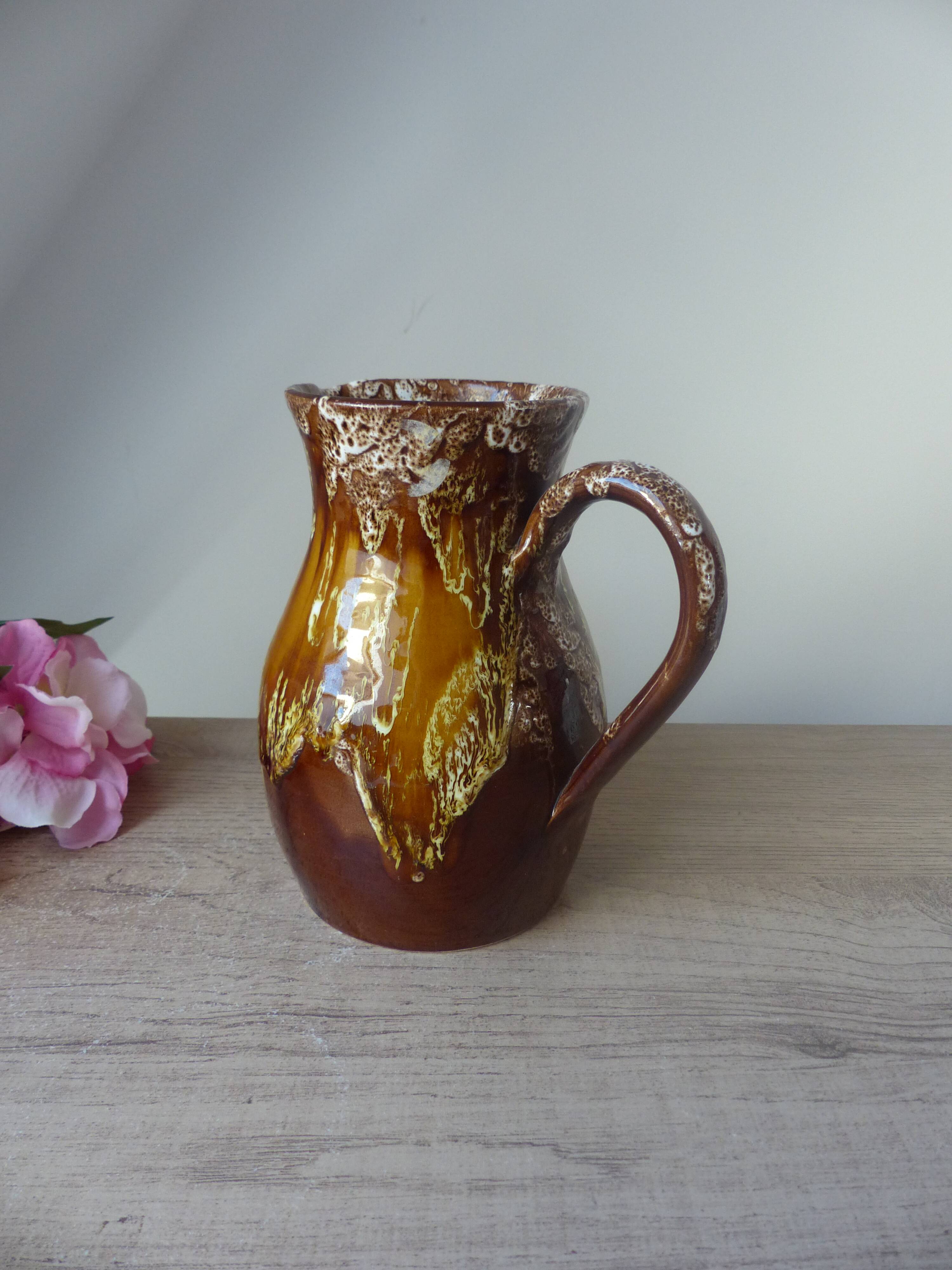 Old brown ceramic water jug pitcher, rustic country house pitcher 1970s