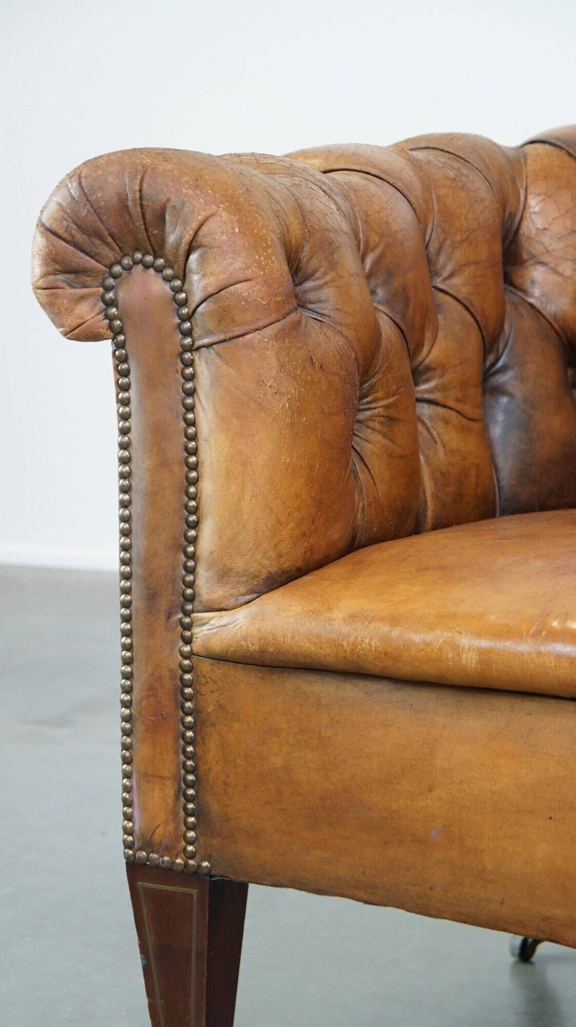 Antique, characteristic sheepskin chesterfield club chair on wheels