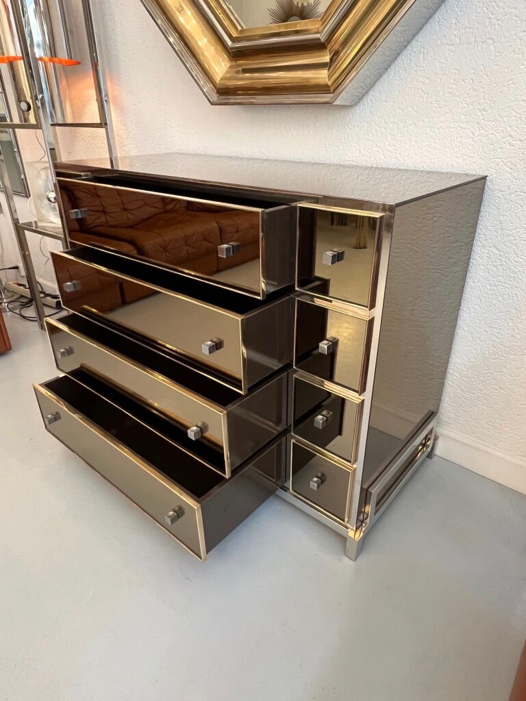Michel Pigneres chest of drawers glass, brass and chrome around 1970