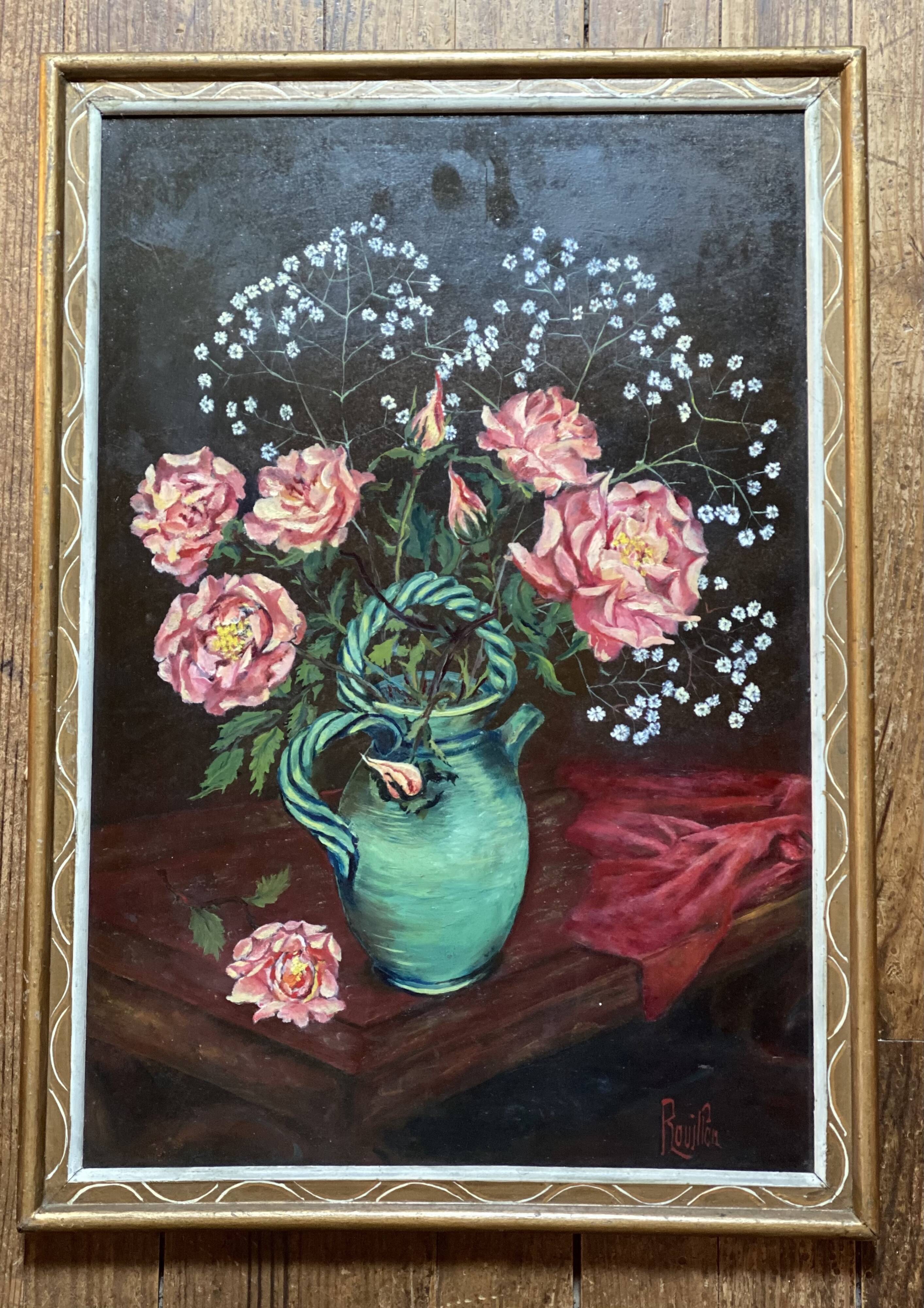 Antique still life painting signed, bouquet of roses in a jug Vallauris