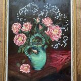 Tableau ancien nature morte signé, bouquet de roses en cruche Vallauris
