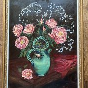 Antique still life painting signed, bouquet of roses in a jug Vallauris