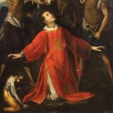Antique painting on panel 17th century, The Martyrdom of Saint Stephen