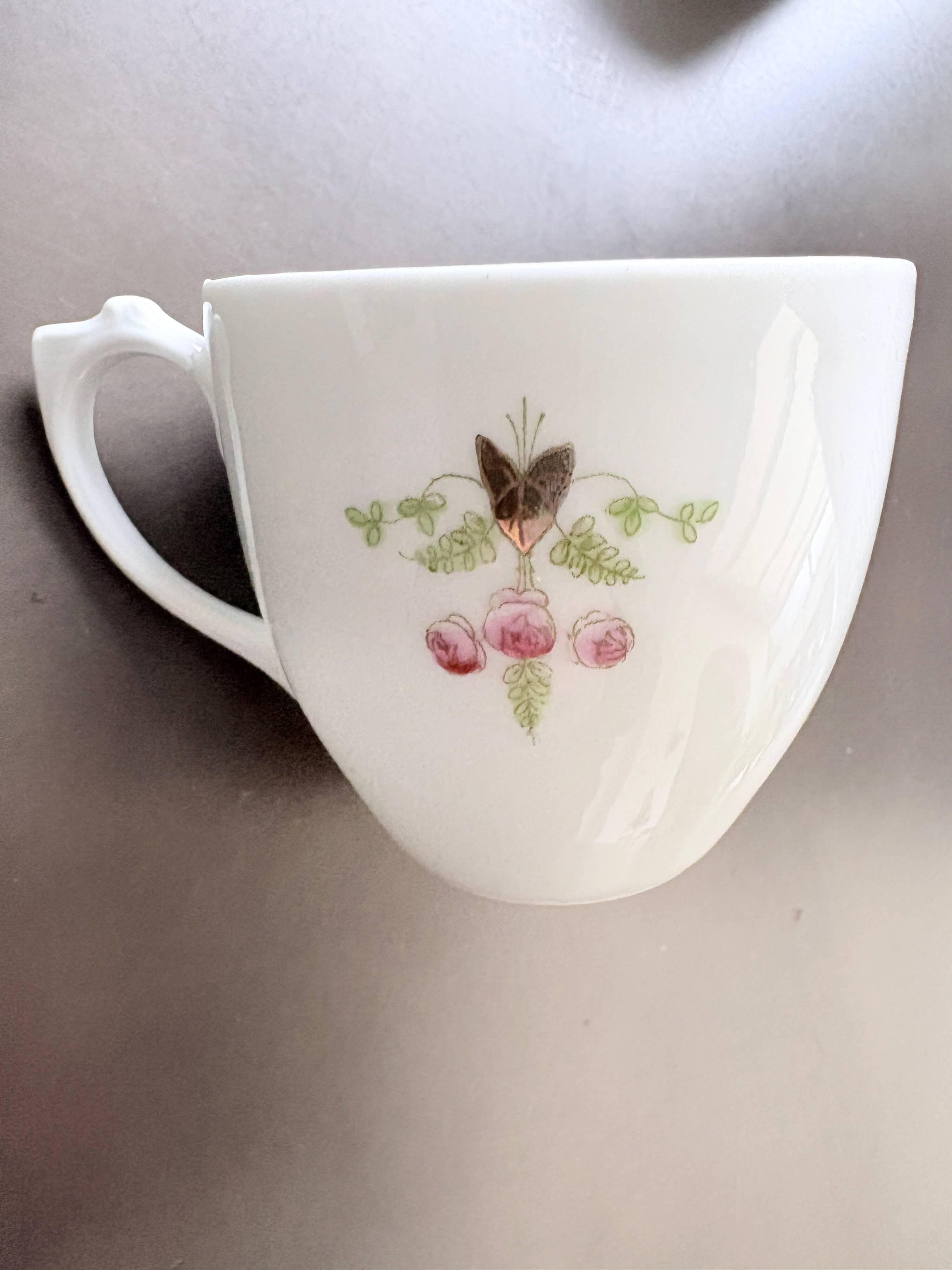 Service of 6 Fine Porcelain Cups with Art Nouveau Rose Decoration