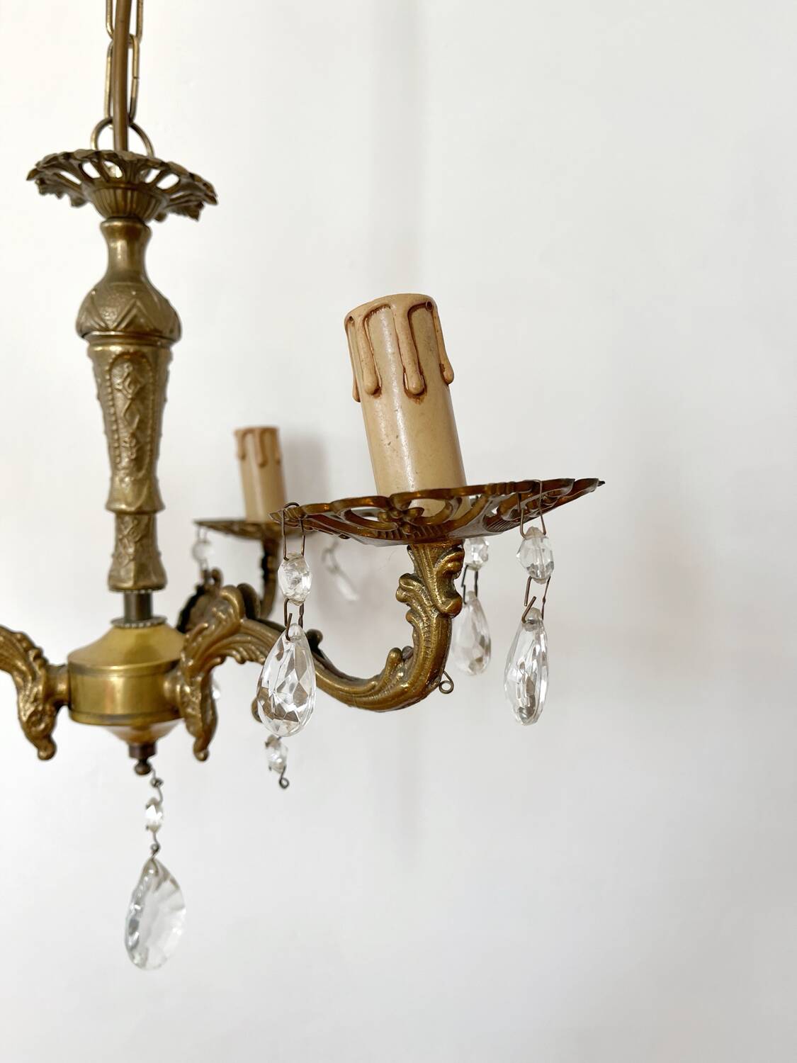 Antique 3-arm brass chandelier with tassels