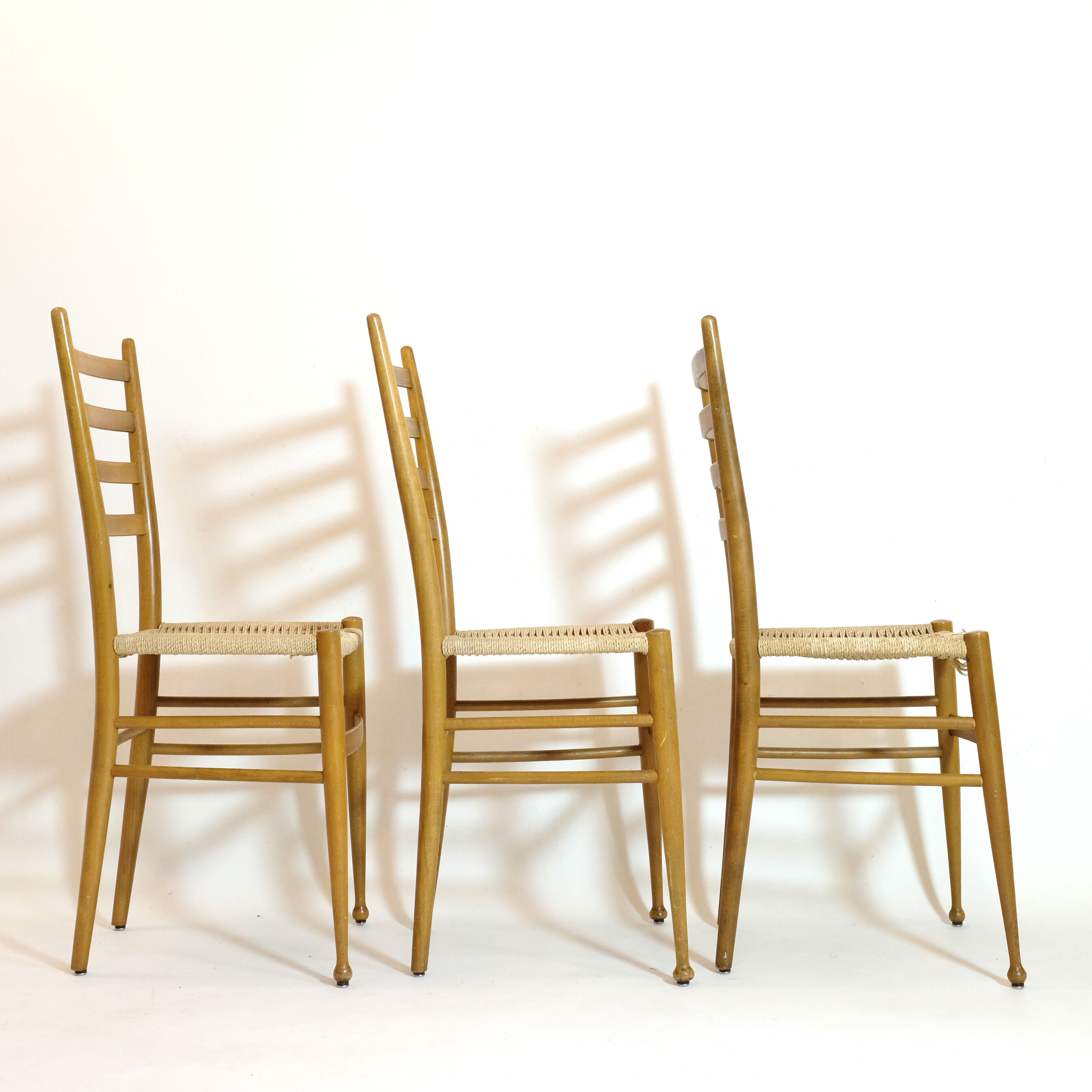 Trio of wooden chairs and rope, Italy, 1950s