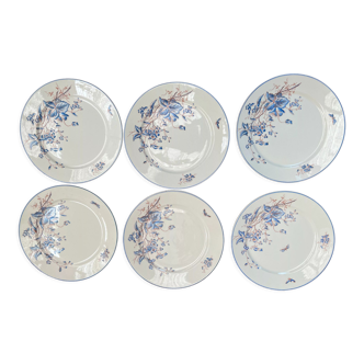 6 dessert plates sarreguemines blue flowers and butterfly