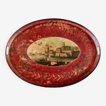 Large oval tray in painted sheet metal with landscape, circa 1800