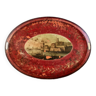 Large oval tray in painted sheet metal with landscape, circa 1800