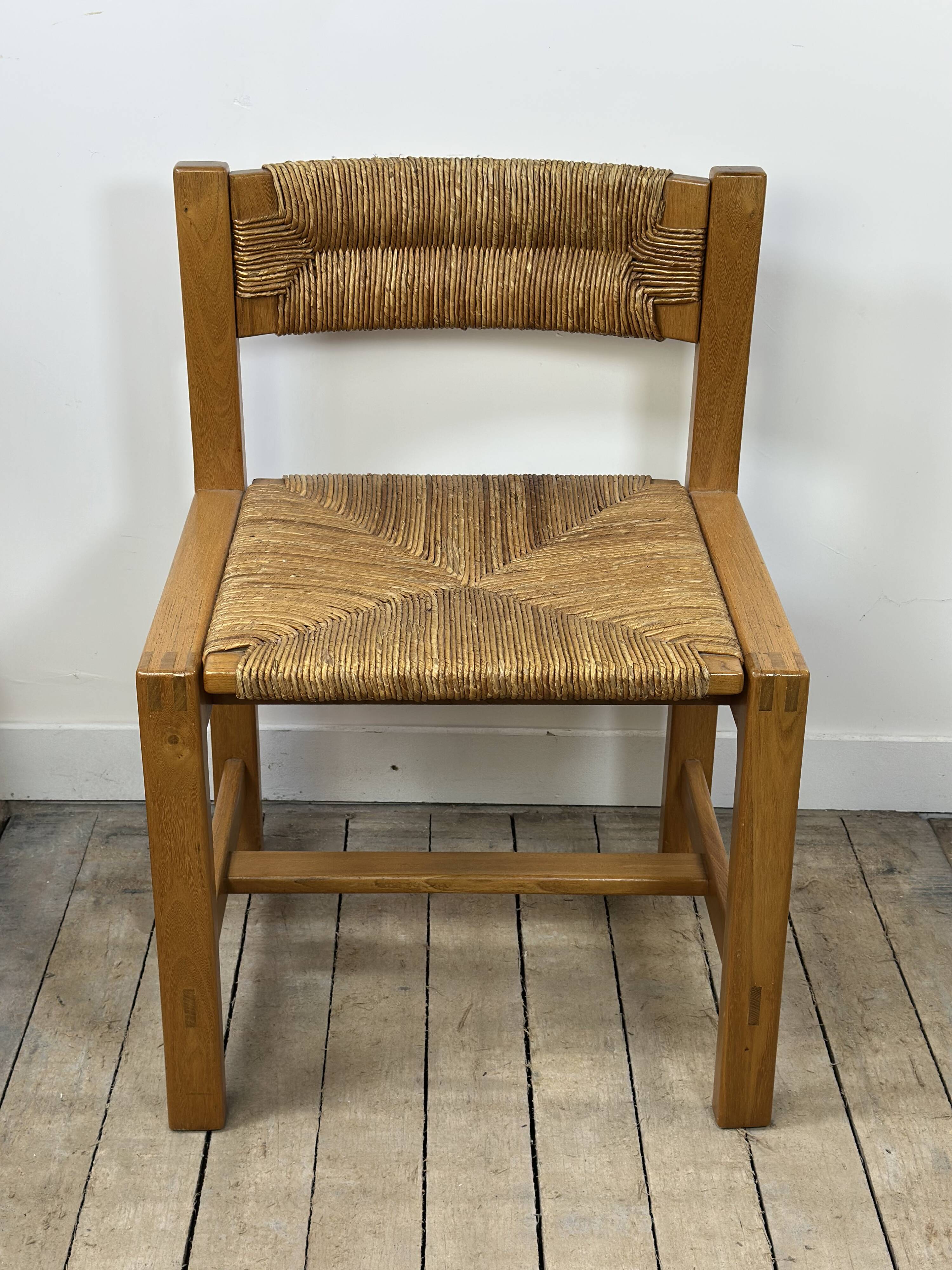 Set of 6 solid elm chairs by maison regain 1970.