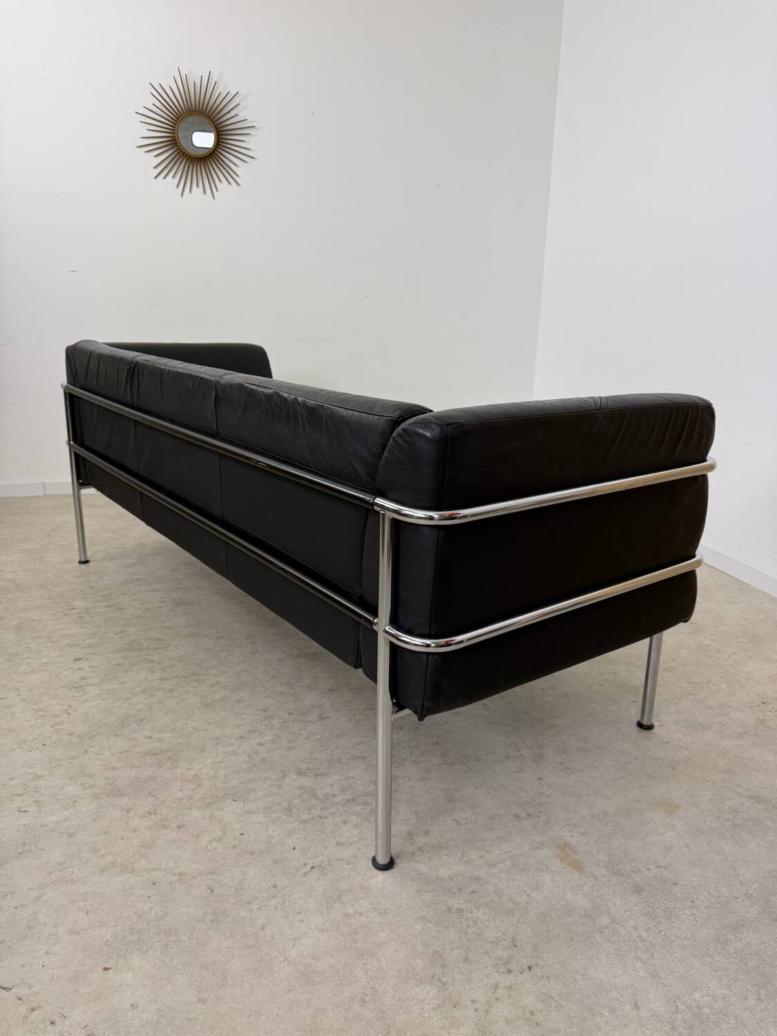 Old 3-seater sofa in tubular and black leather by Kébé, Denmark 1970s