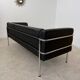 Old 3-seater sofa in tubular and black leather by Kébé, Denmark 1970s