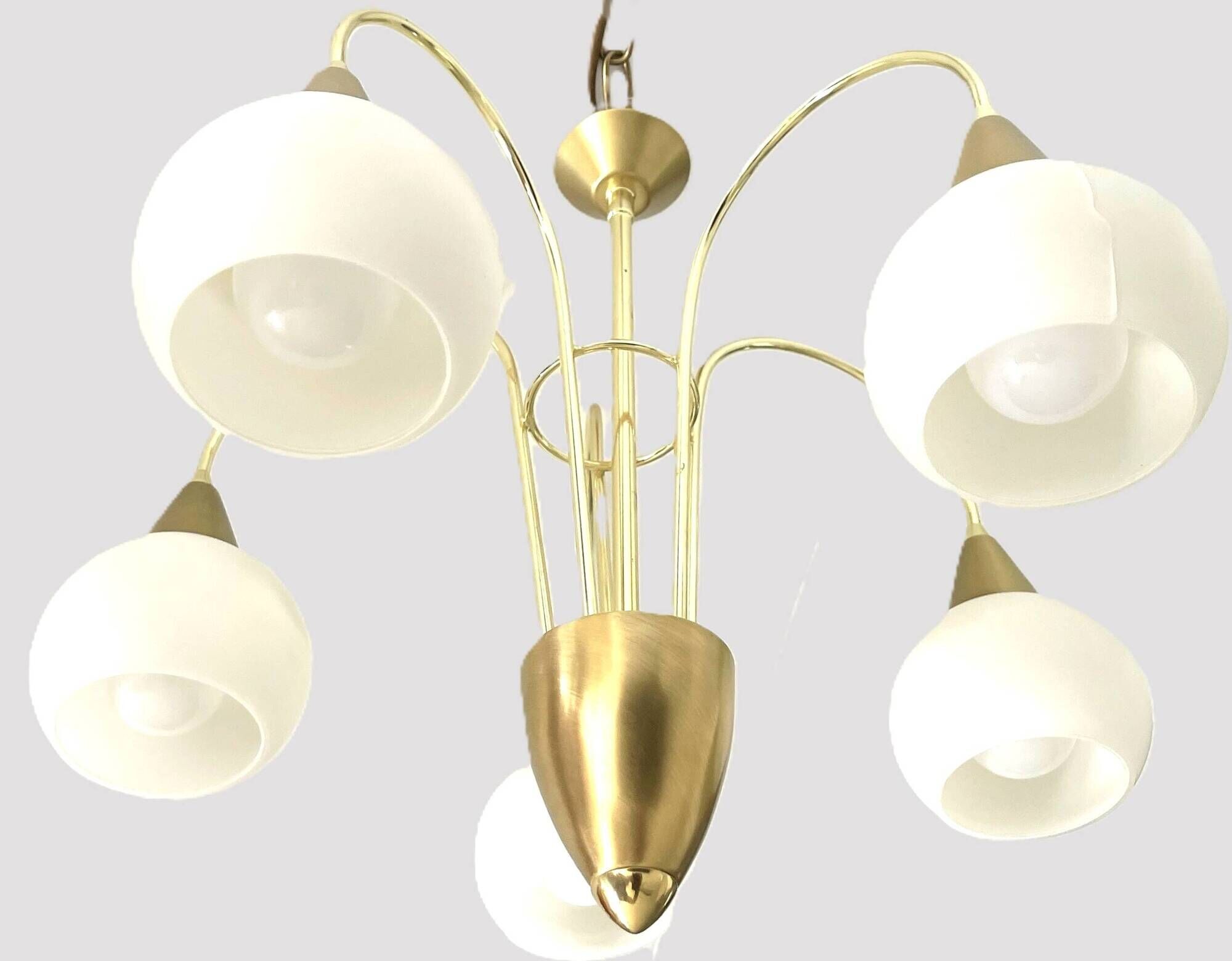 Mid Century Suspension, 5 globes in brass and opal glass, Honsel Leuchten