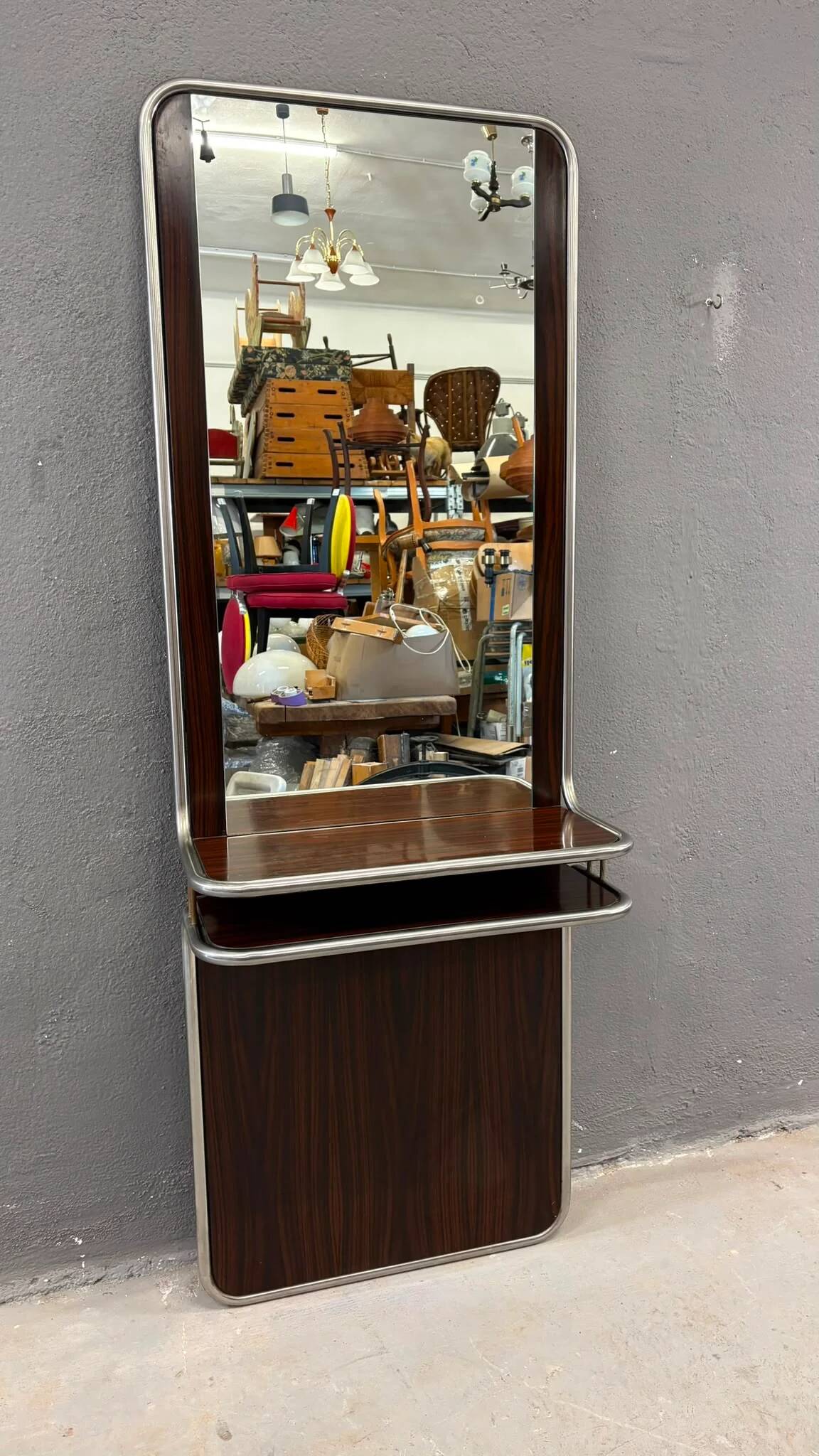 Console murale en chrome et palissandre avec miroir, années 1970, italienne.