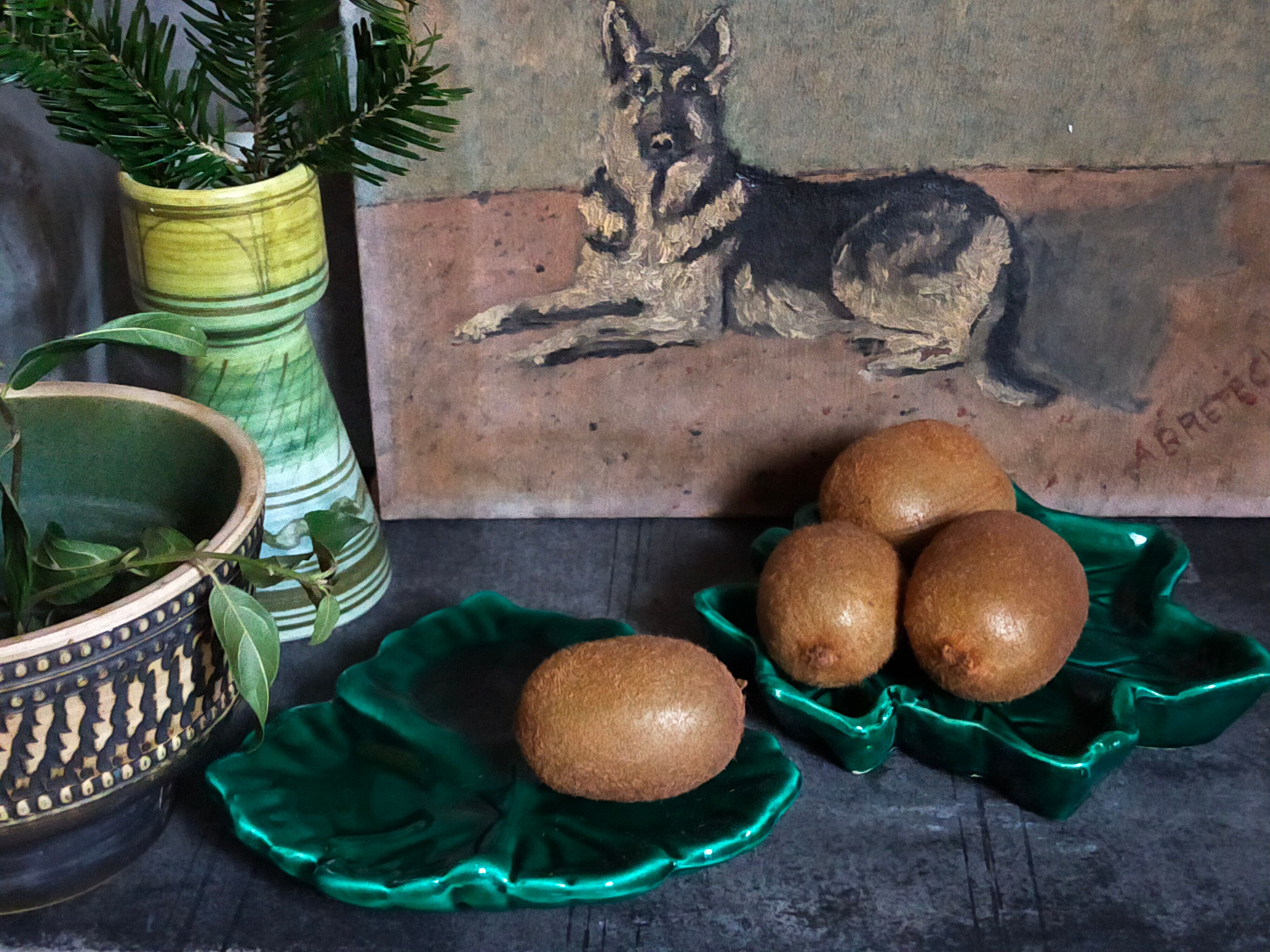 Duo of leaf cups in green slurry from Vintage Vallauris