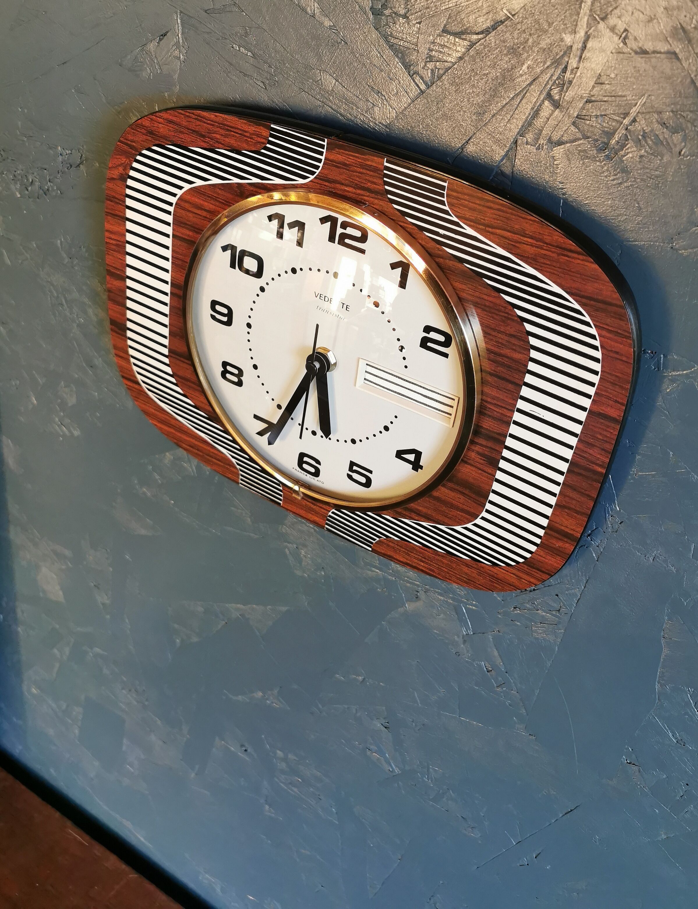 Vintage formica clock silent wall clock "Featured wood stripes"