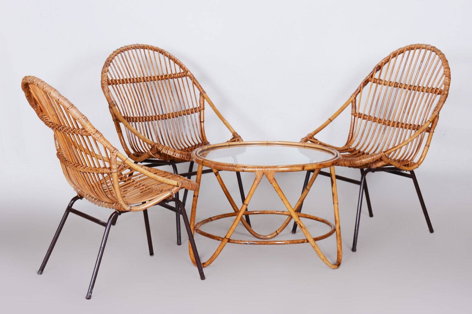 Art Deco Seating Set in Rattan & Steel attributed to Alan Fuchs, 1940s, Set of 4