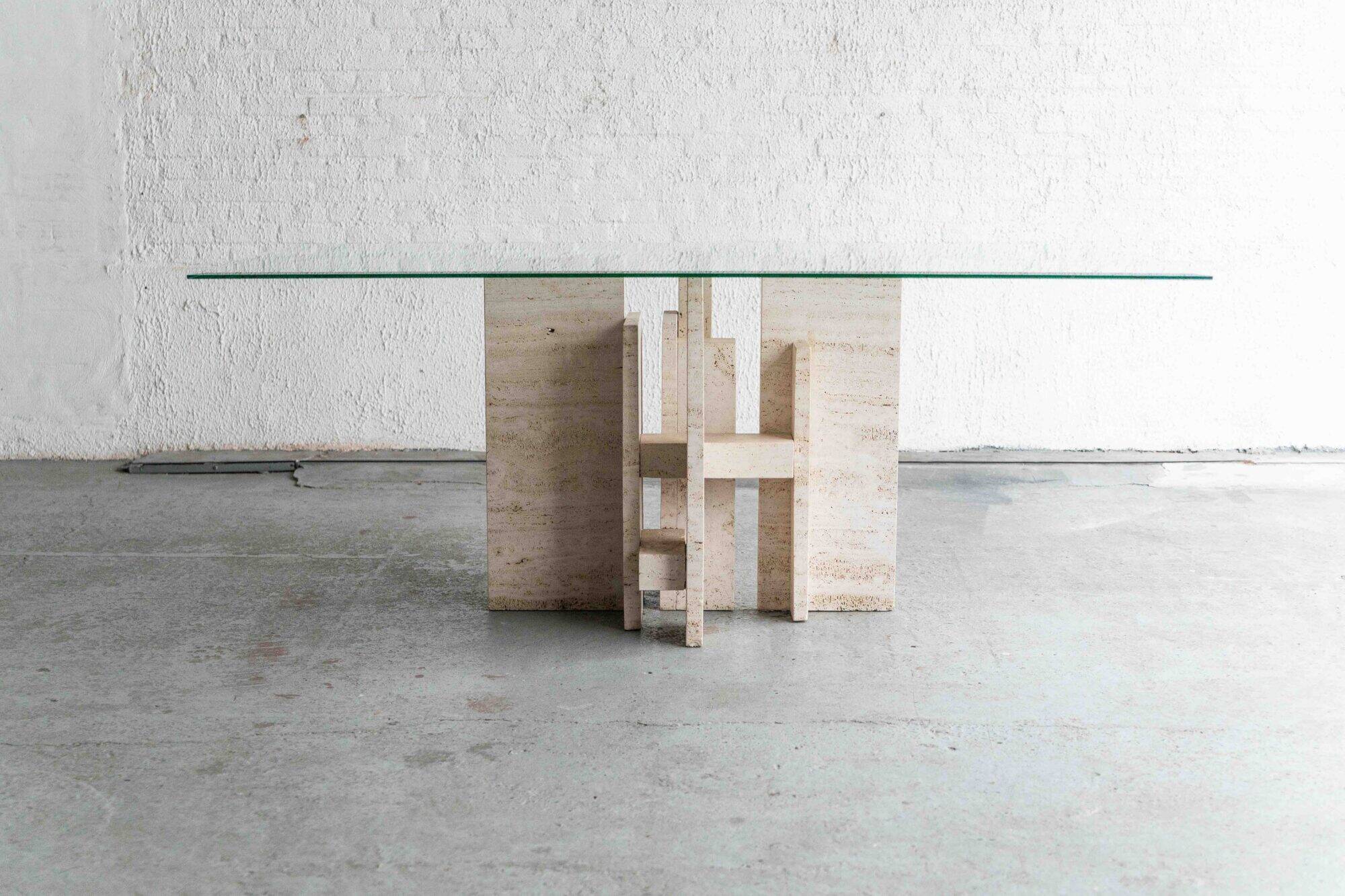 Glass & travertine dining table by Willy Ballez