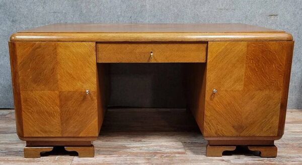 Bureau de centre double face époque Art Déco en parquèterie vers 1940