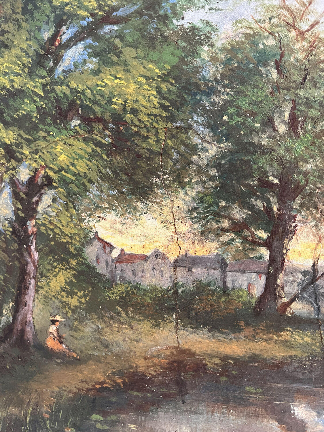 Old oil painting on canvas of a landscape by the pond.