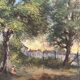 Old oil painting on canvas of a landscape by the pond.