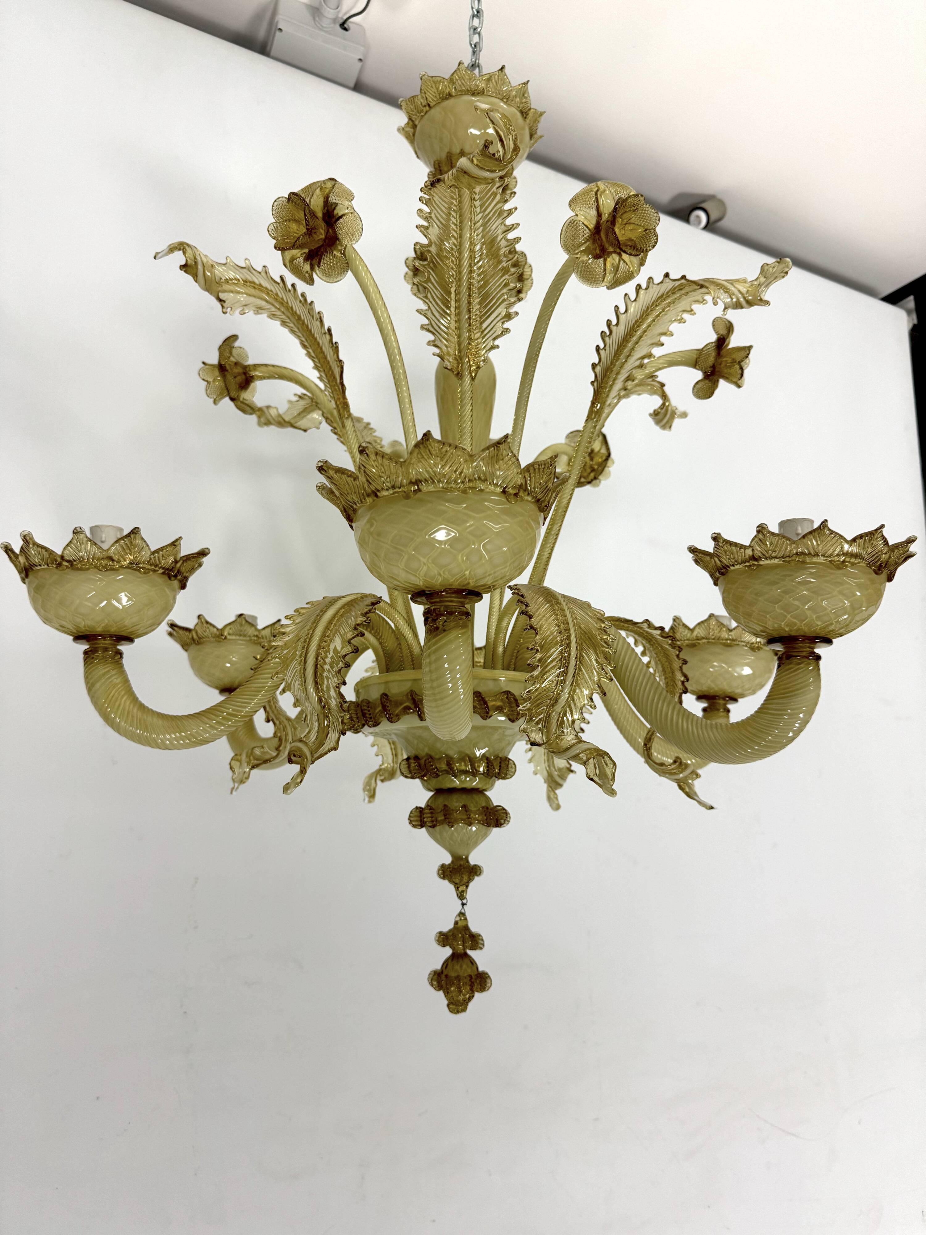 Vintage 6 arms handcrafted floral Murano glass chandelier with gold. Italy 1950s