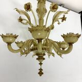 Vintage 6 arms handcrafted floral Murano glass chandelier with gold. Italy 1950s