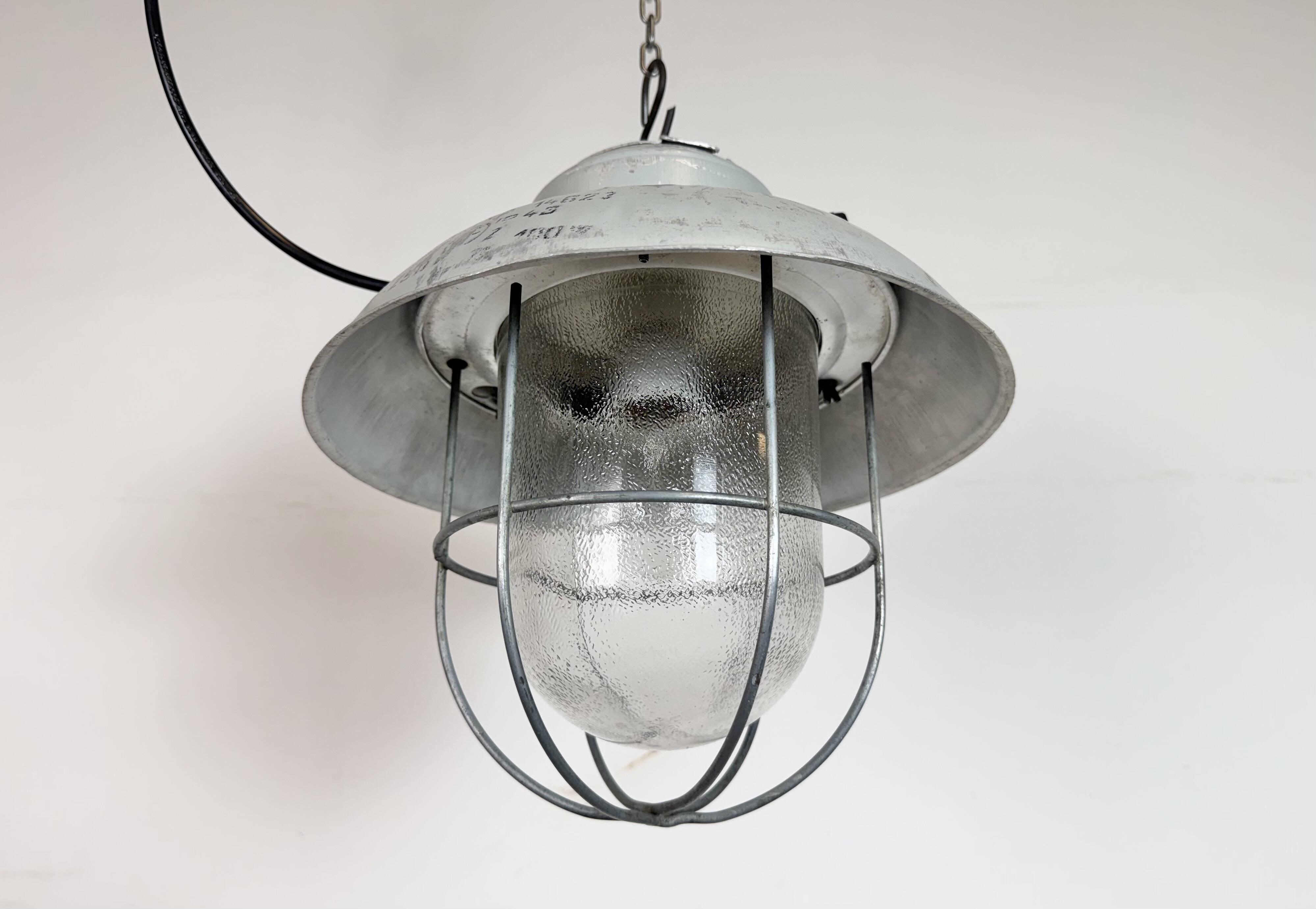 Grey Industrial Aluminium Cage Pendant Lamp with Frosted Glass, 1970s