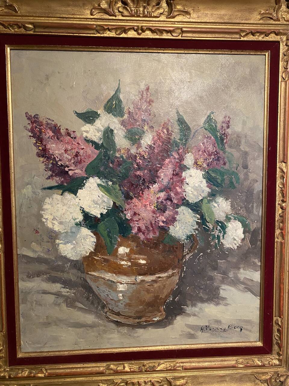 Antique painting, still life with lilacs and peonies signed Van der Berg circa 1950