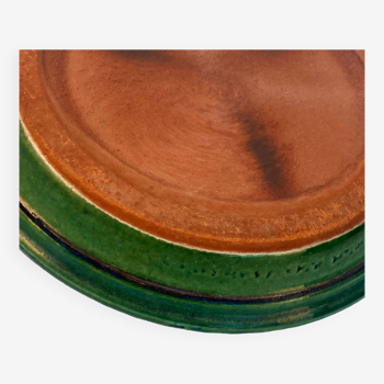 Vintage green enameled terracotta pot and saucer.