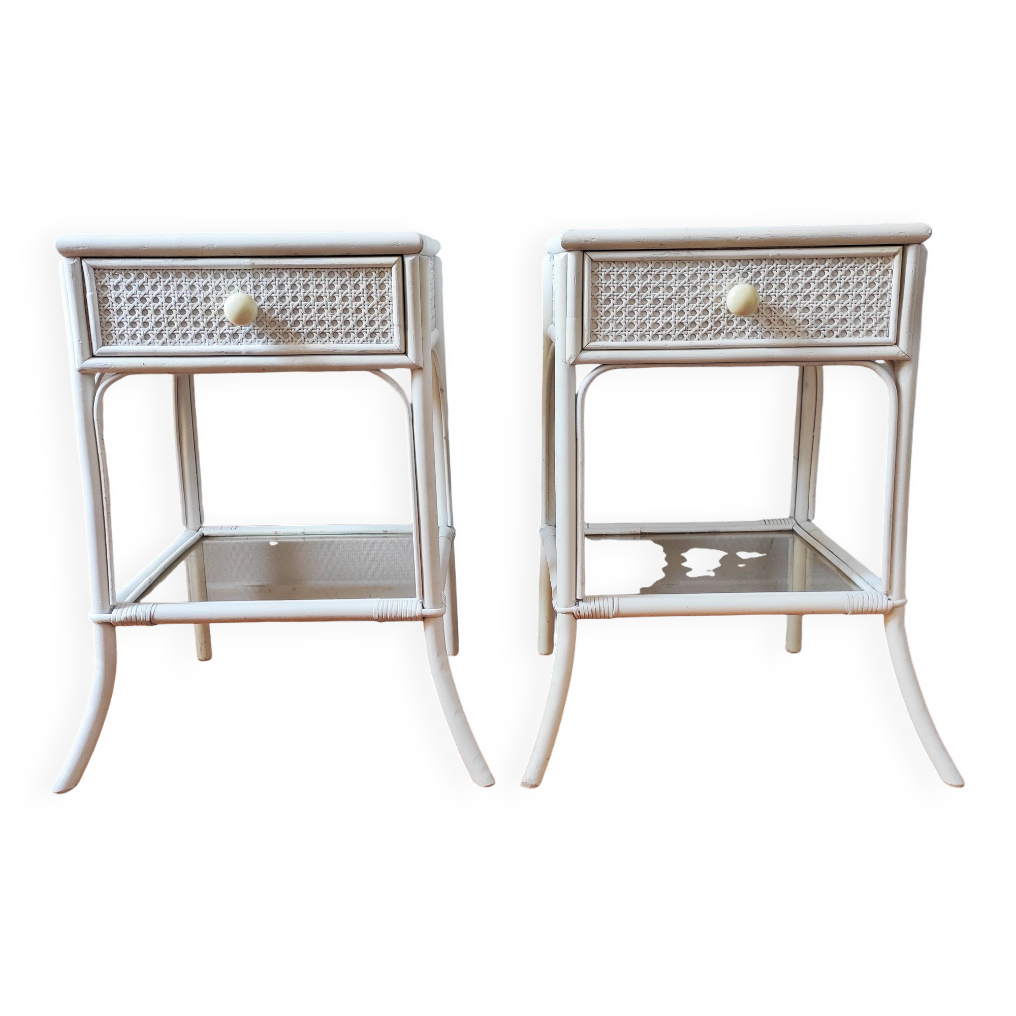 Pair of vintage 1970s rattan bedside tables