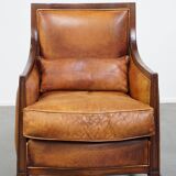 Cognac-Colored Sheepskin Leather Art Deco Design Chair Combined with Wood