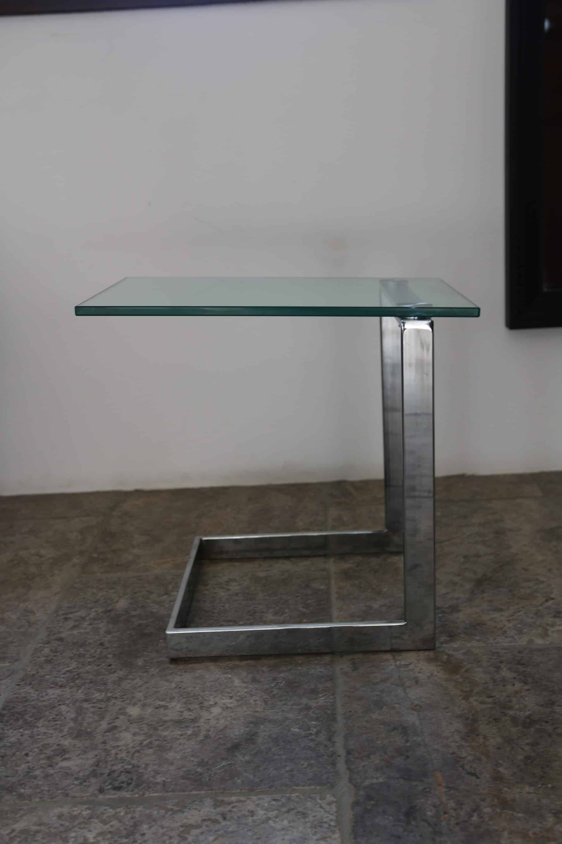 Table d’appoint verre, chrome  « Gebra », années 80, étiquette d'origine
