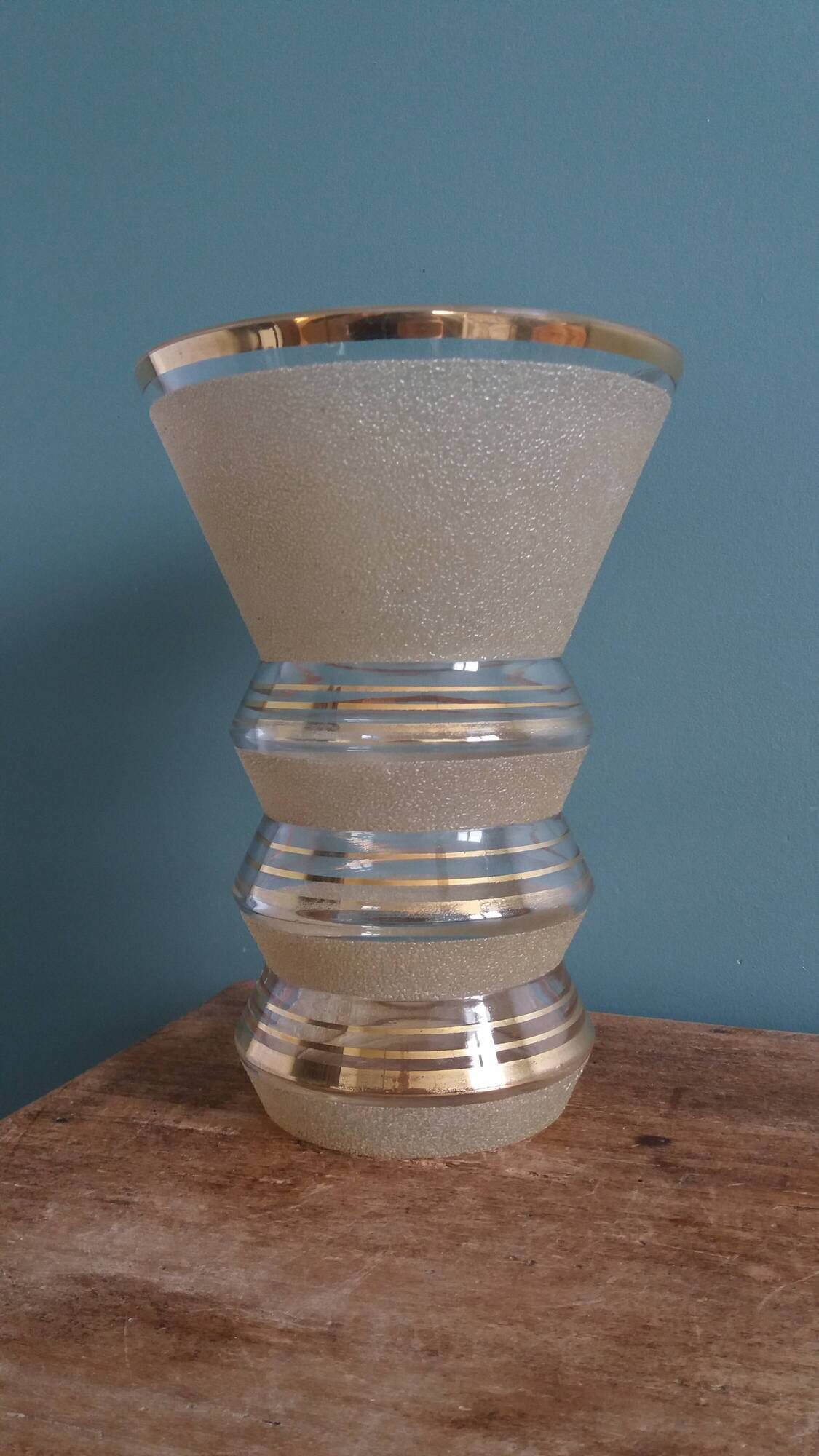 Frosted glass vase with a champagne finish and gold trim Art Deco