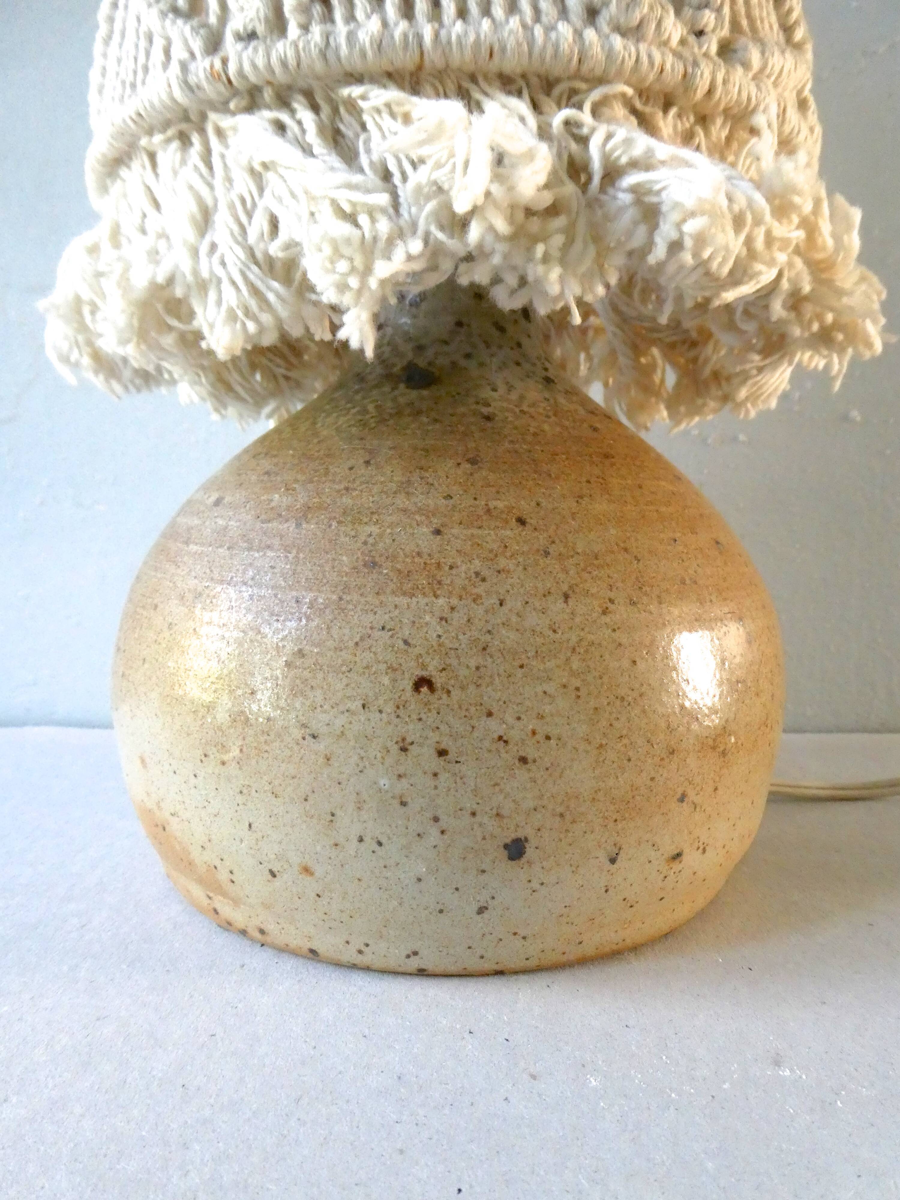 Sandstone lamp with a macrame Lampshade, Jean Migeon