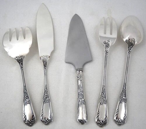 Ercuis Louis XV floral 5-piece service, ragout, fish, cake silver-plated metal