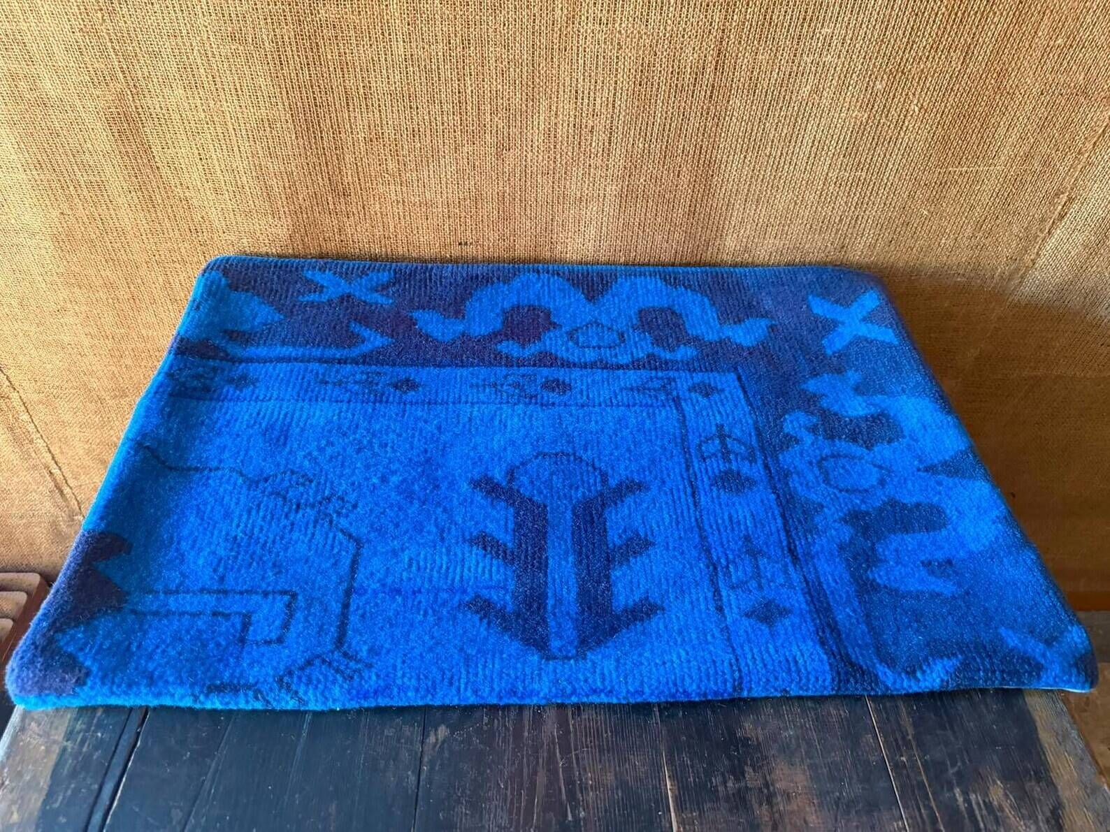 Electric Blue Vintage Turkish Rug Pillow, Hand-Stitched Wool Cushion